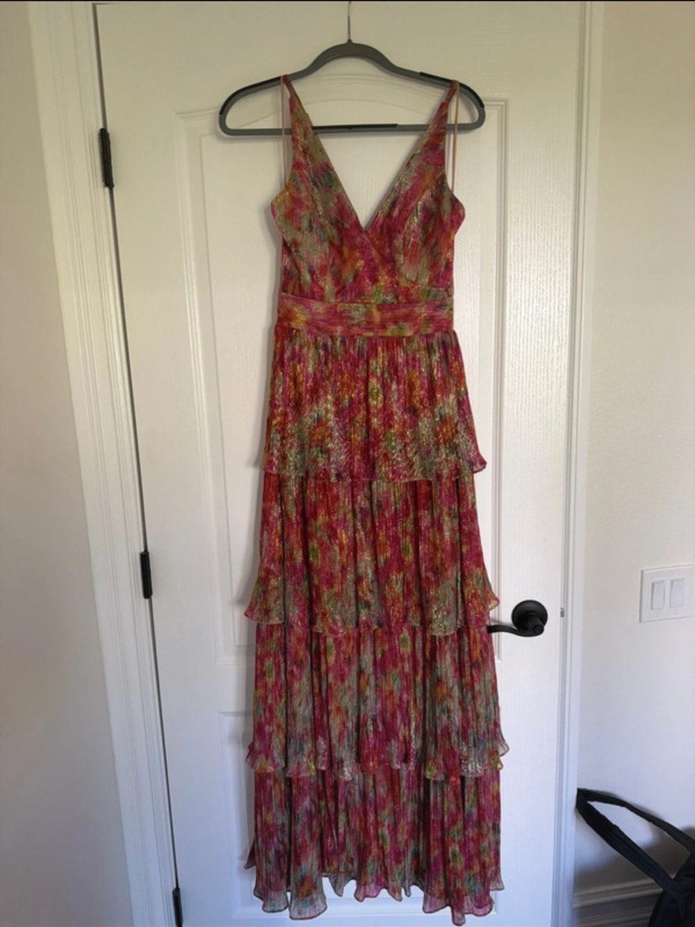 Dress the Population Lorain Abstract Print Metallic Tiered Gown